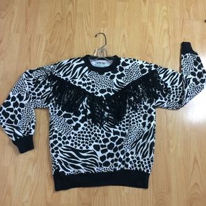 Vintage 80s sweater top animal print fringe